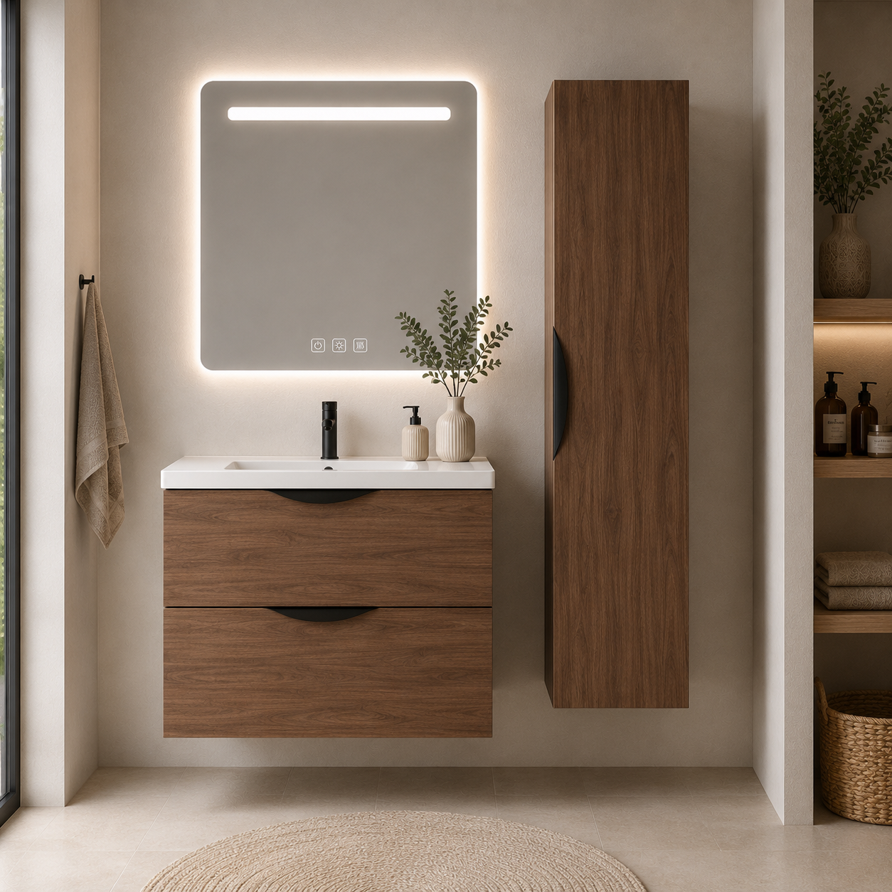 Meuble de salle de bain suspendu 80 cm 2 tiroirs avec vasque céramique - Noyer foncé