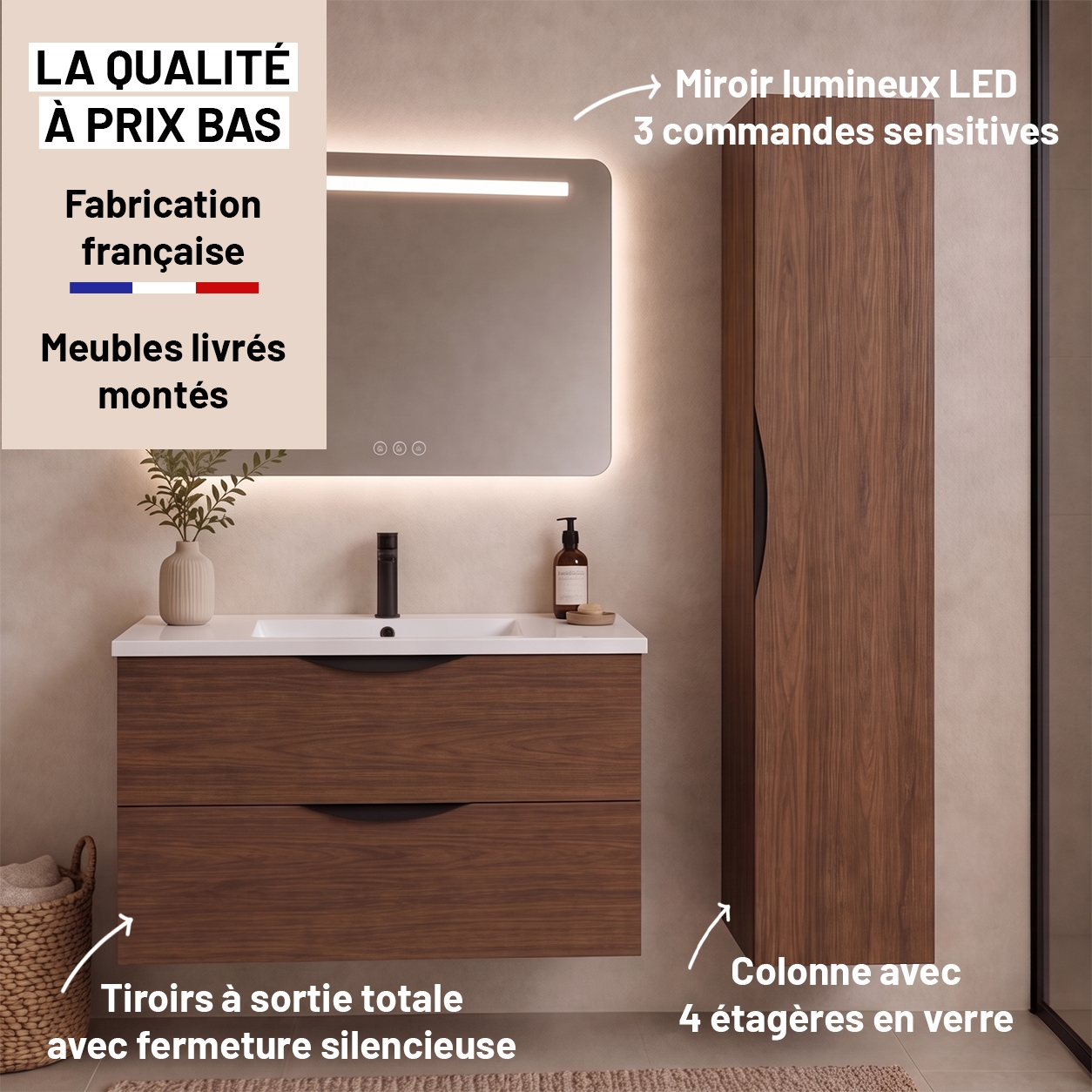 Meuble de salle de bain suspendu 90 cm 2 tiroirs avec vasque céramique - Noyer foncé - Avec miroir