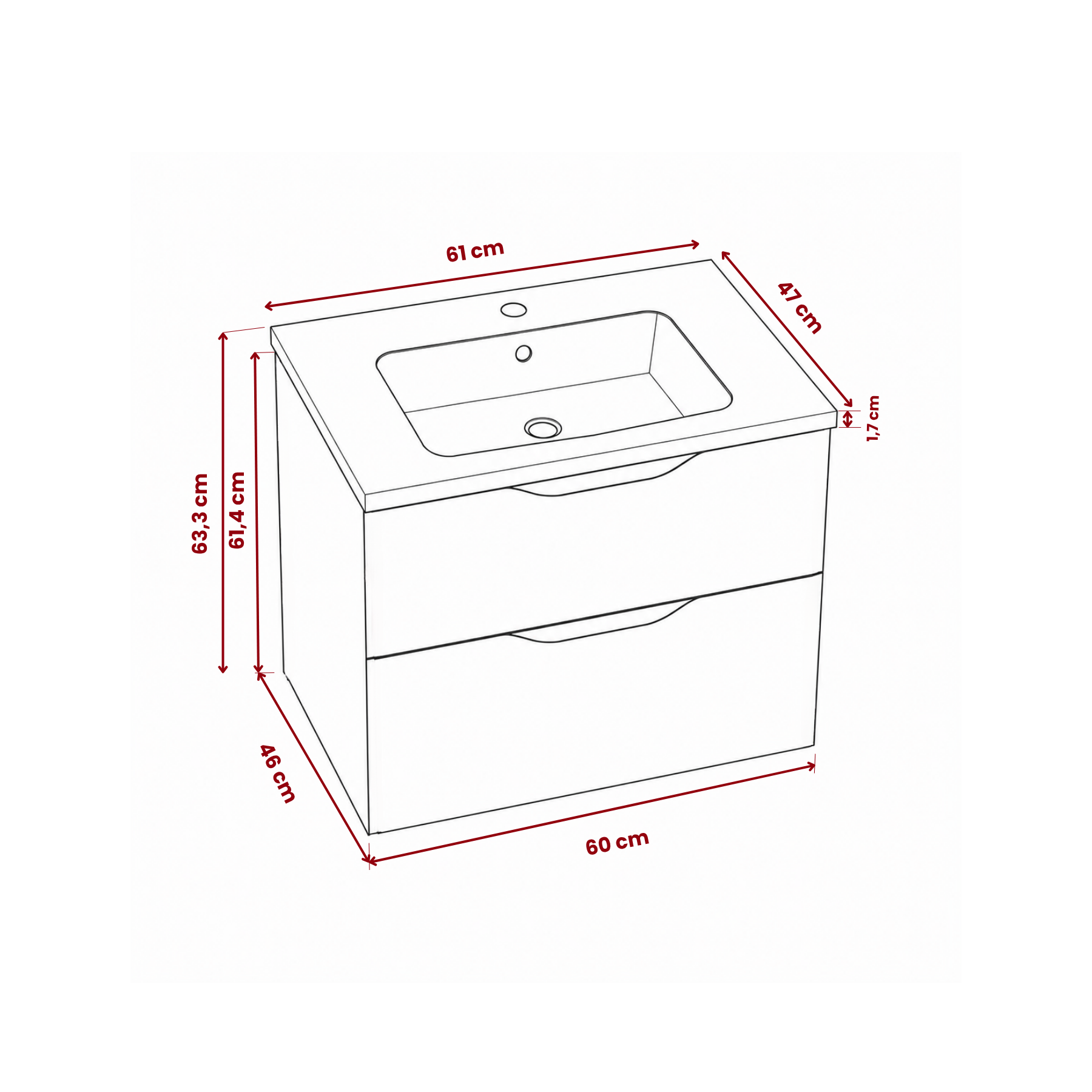 Meuble de salle de bain suspendu 60 cm 2 tiroirs avec vasque céramique - Chêne Structuré