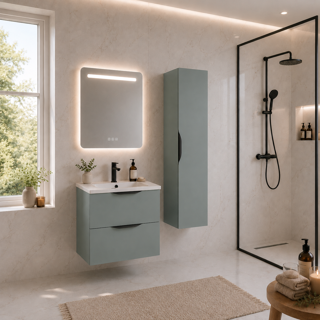Meuble de salle de bain suspendu 60 cm 2 tiroirs avec vasque céramique - Vert Opale Mat - Avec colonne et miroir