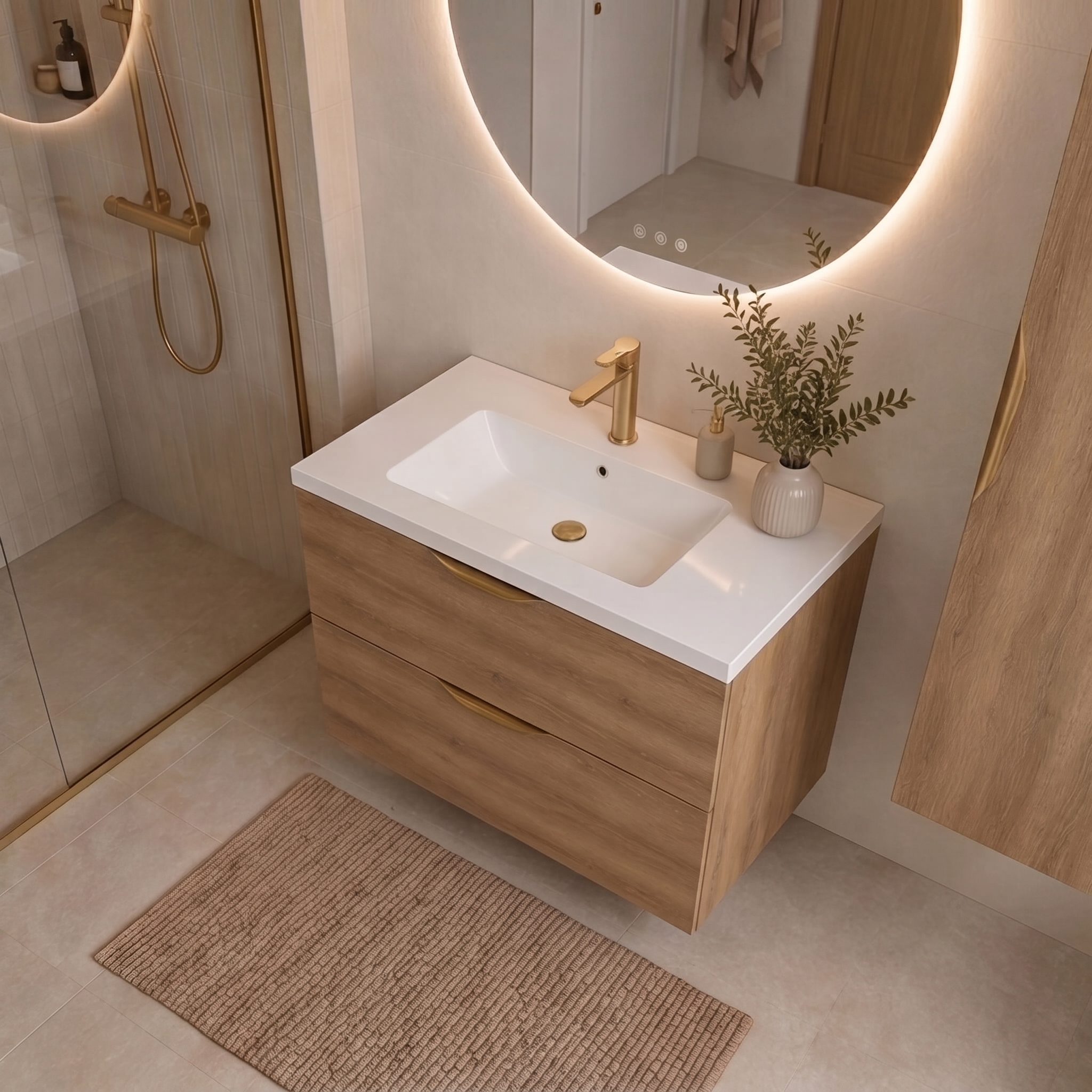 Meuble de salle de bain suspendu 80 cm 2 tiroirs avec vasque céramique - Chêne Structuré - Avec colonne et miroir