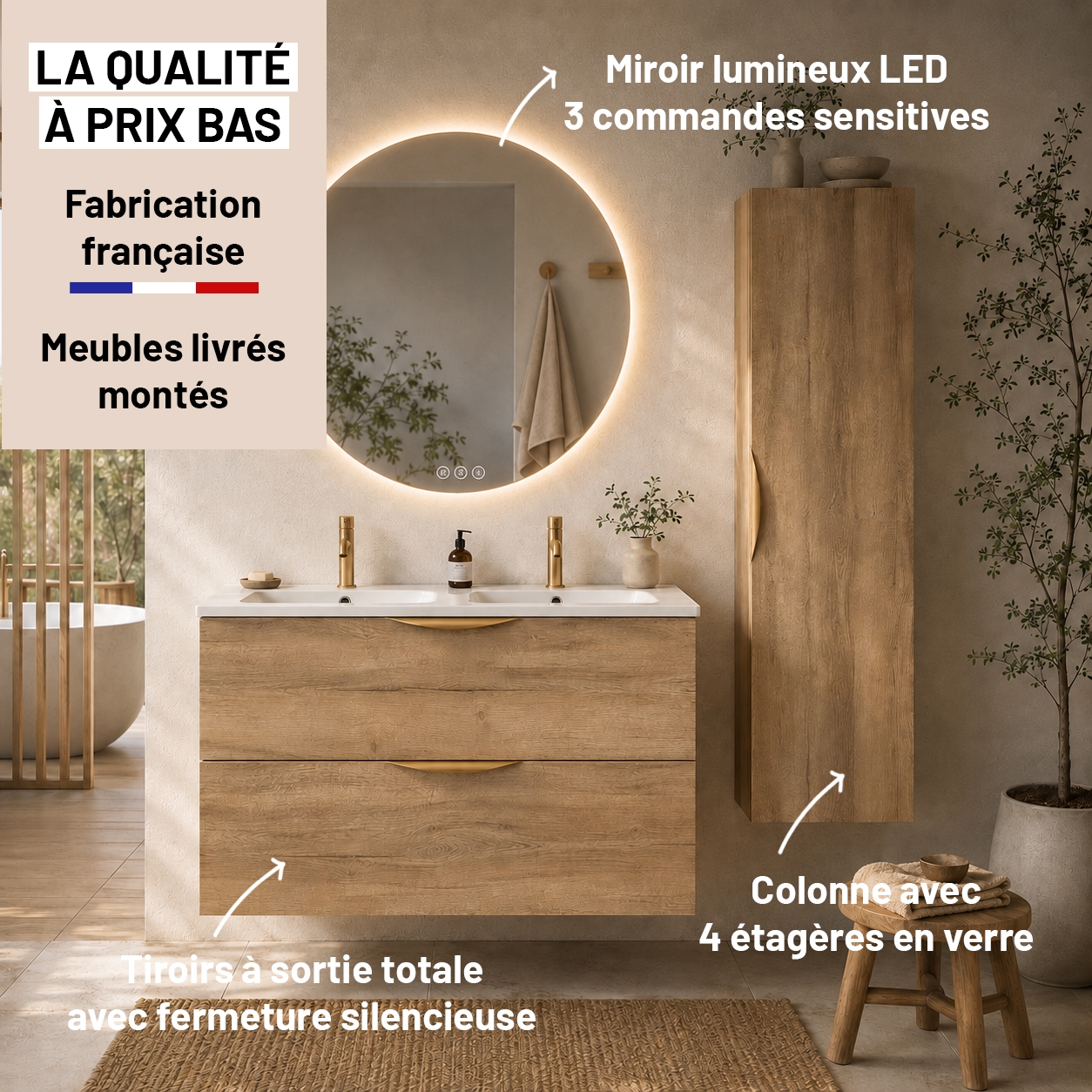 Meuble de salle de bain suspendu 120 cm 2 tiroirs avec vasque céramique - Chêne Structuré
