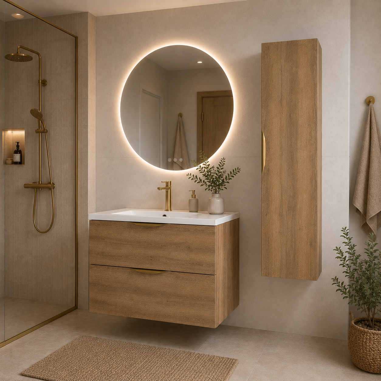 Meuble de salle de bain suspendu 80 cm 2 tiroirs avec vasque céramique - Chêne Structuré - Avec colonne et miroir