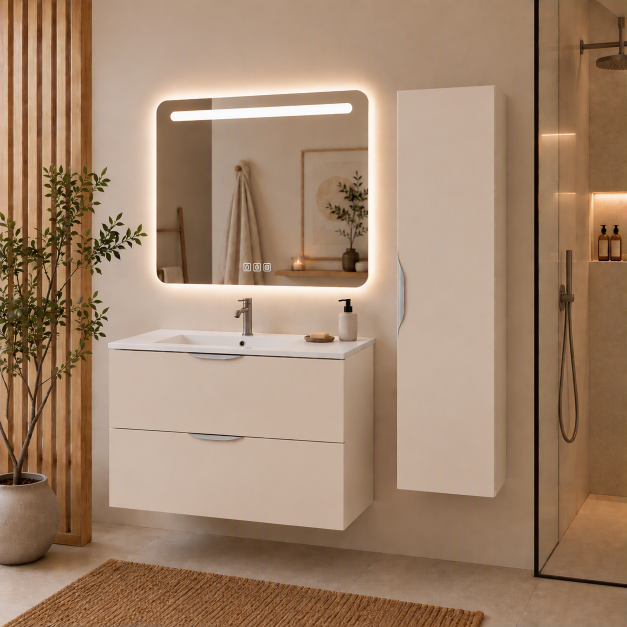 Meuble de salle de bain suspendu 100 cm 2 tiroirs avec vasque céramique - Lin Mat - Avec miroir