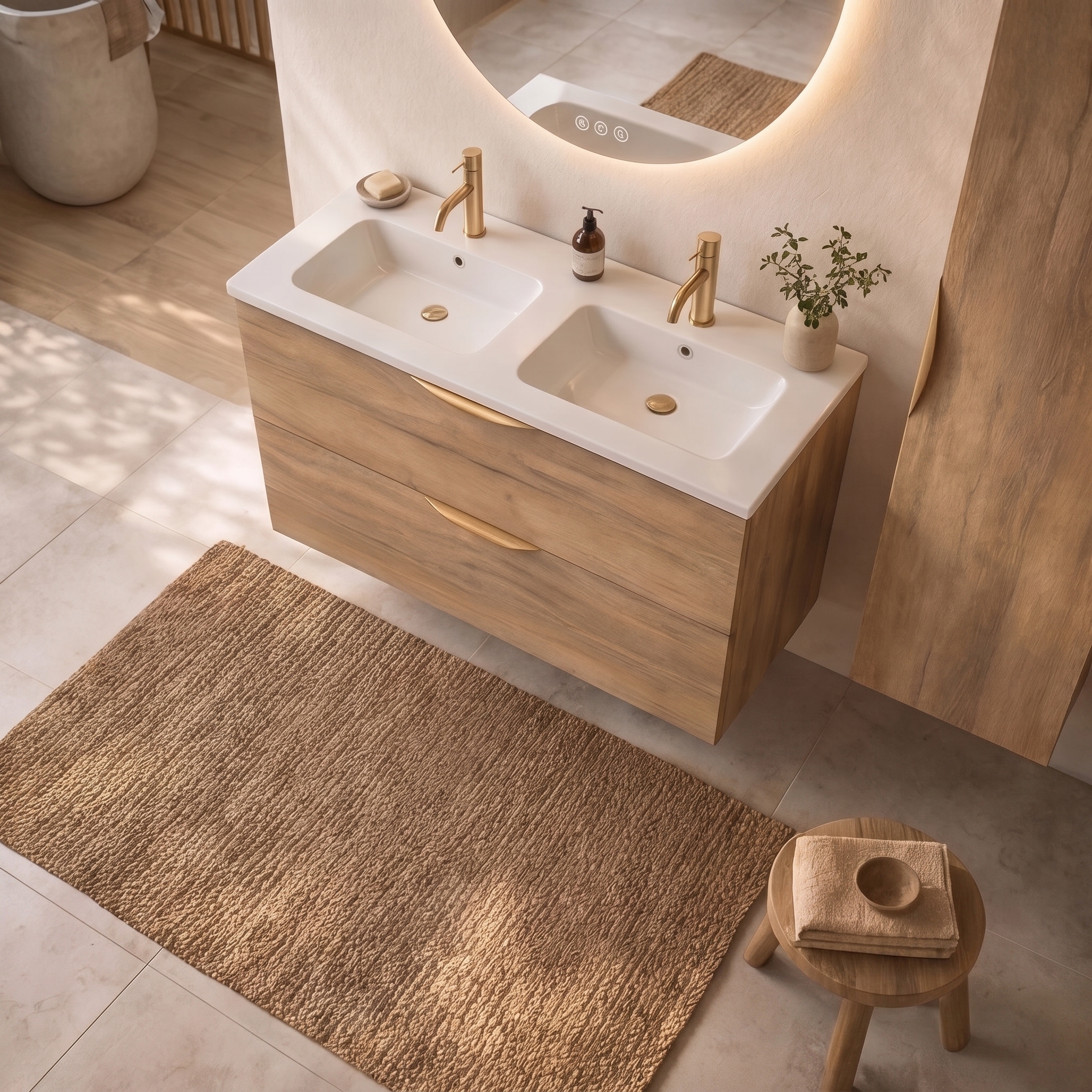 Meuble de salle de bain suspendu 120 cm 2 tiroirs avec vasque céramique - Chêne Structuré - Avec colonne et miroir