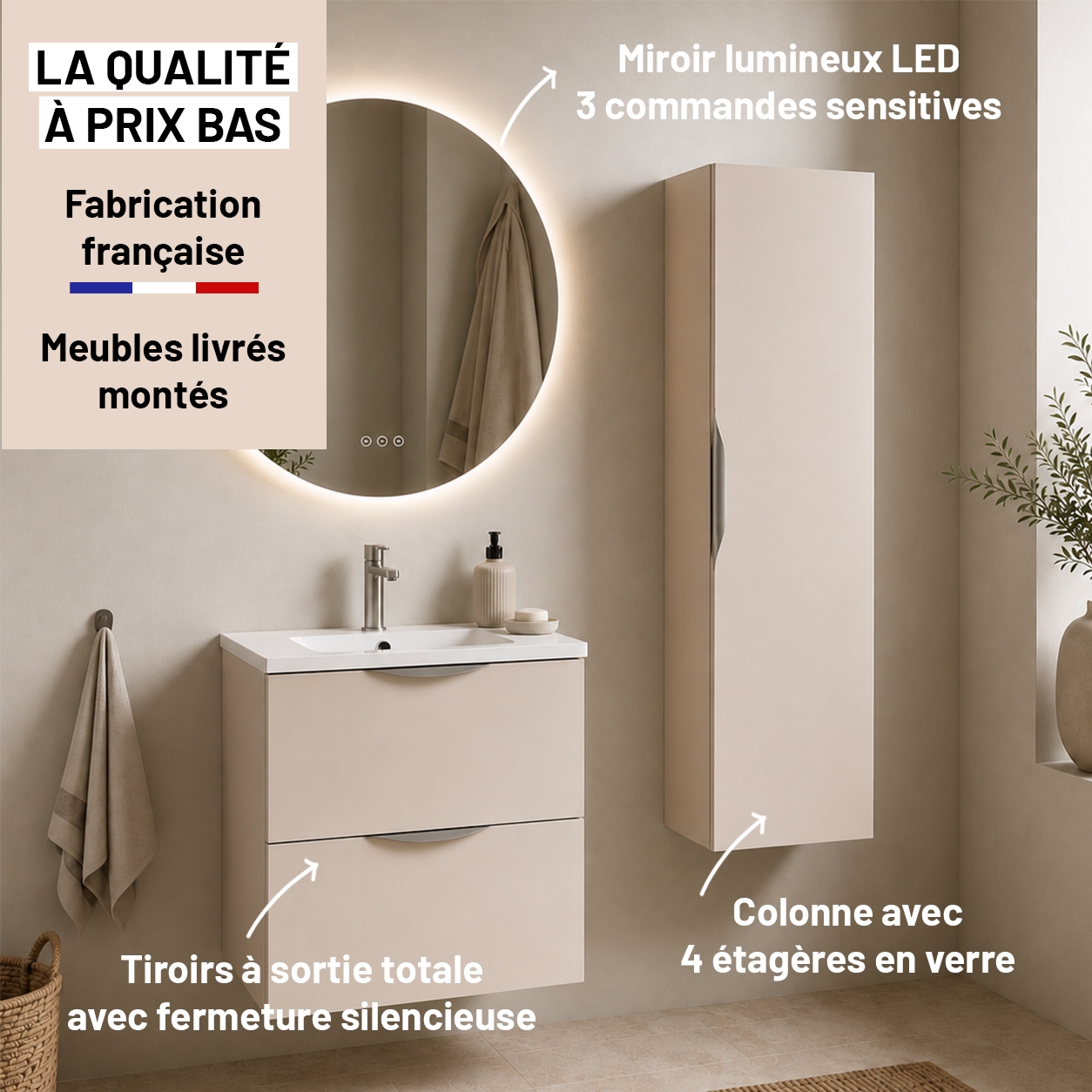 Meuble de salle de bain suspendu 60 cm 2 tiroirs avec vasque céramique - Lin Mat - Avec miroir