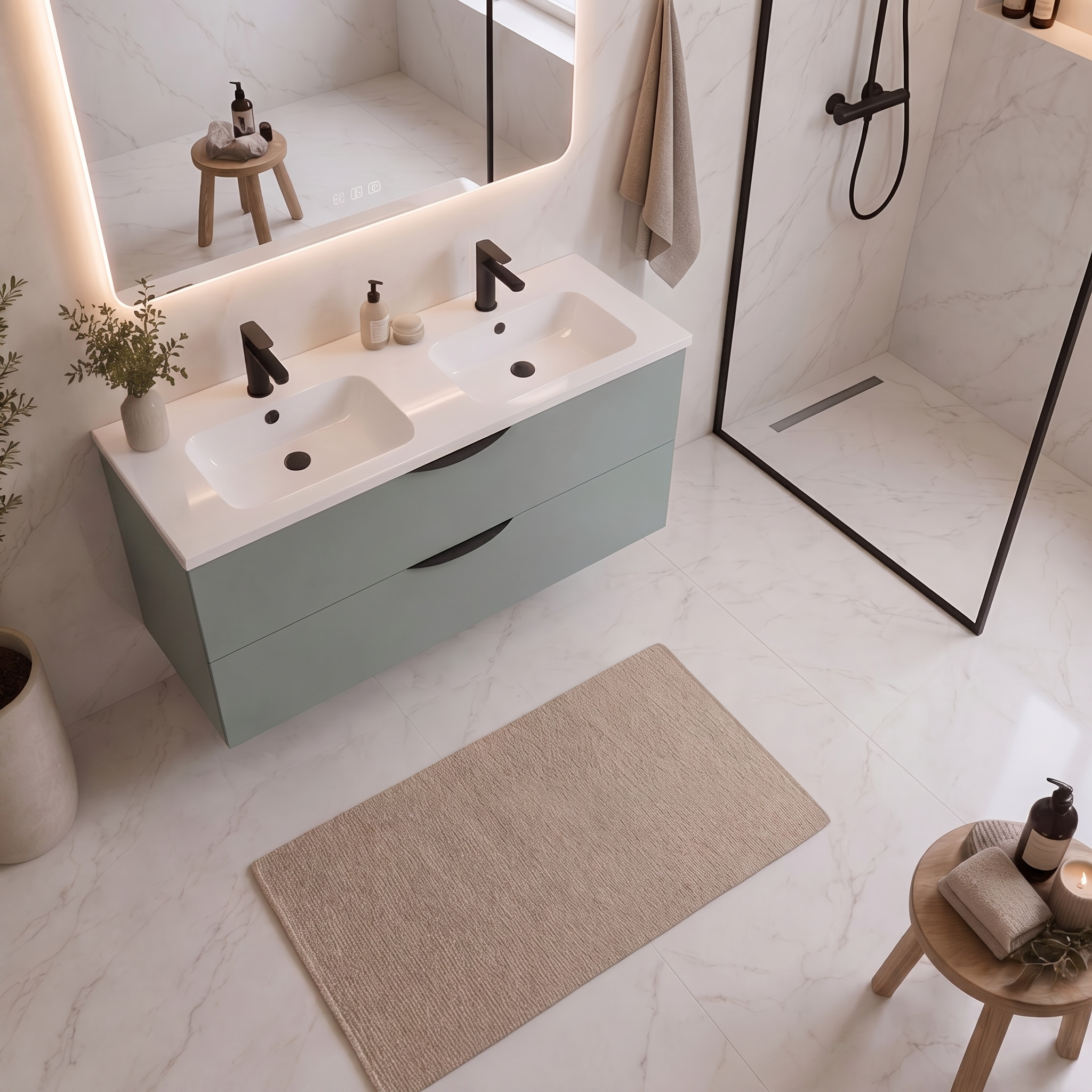 Meuble de salle de bain suspendu 120 cm 2 tiroirs avec vasque céramique - Vert Opale Mat - Avec colonne