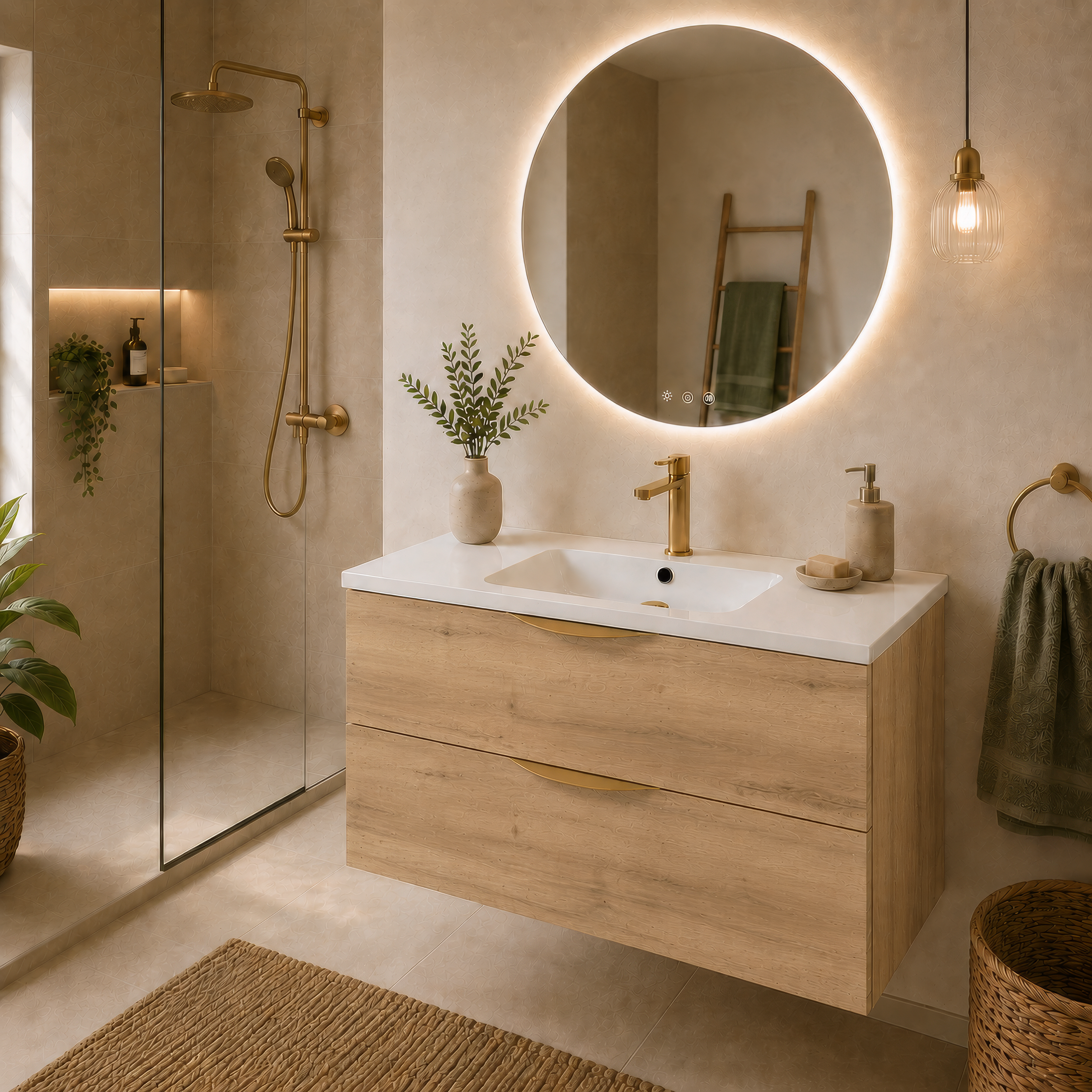 Meuble de salle de bain suspendu 90 cm 2 tiroirs avec vasque céramique - Chêne Structuré