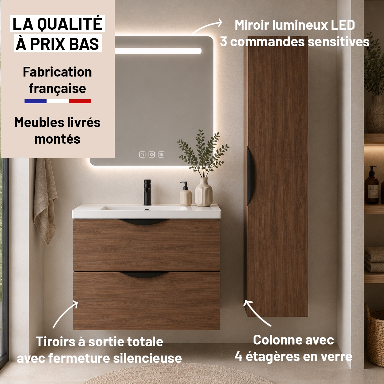 Meuble de salle de bain suspendu 80 cm 2 tiroirs avec vasque céramique - Noyer foncé - Avec colonne