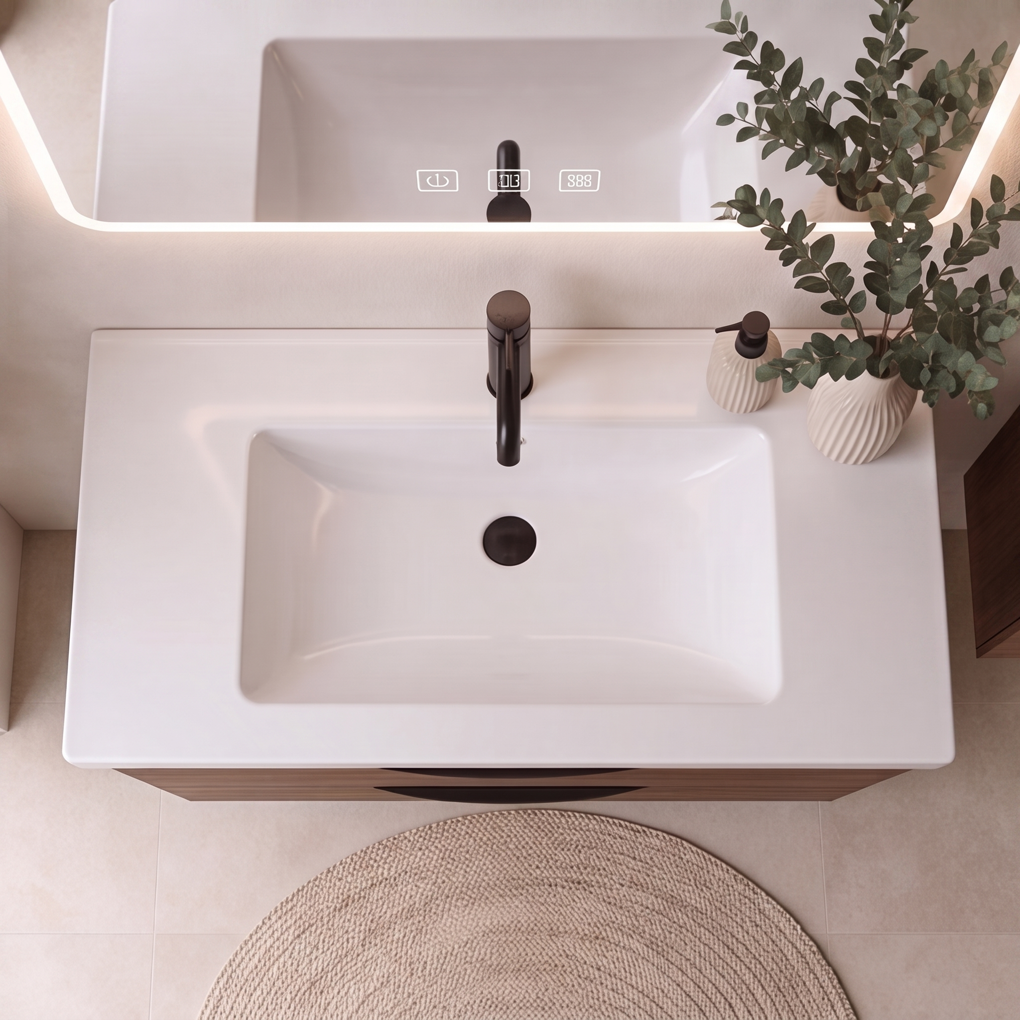 Meuble de salle de bain suspendu 80 cm 2 tiroirs avec vasque céramique - Noyer foncé