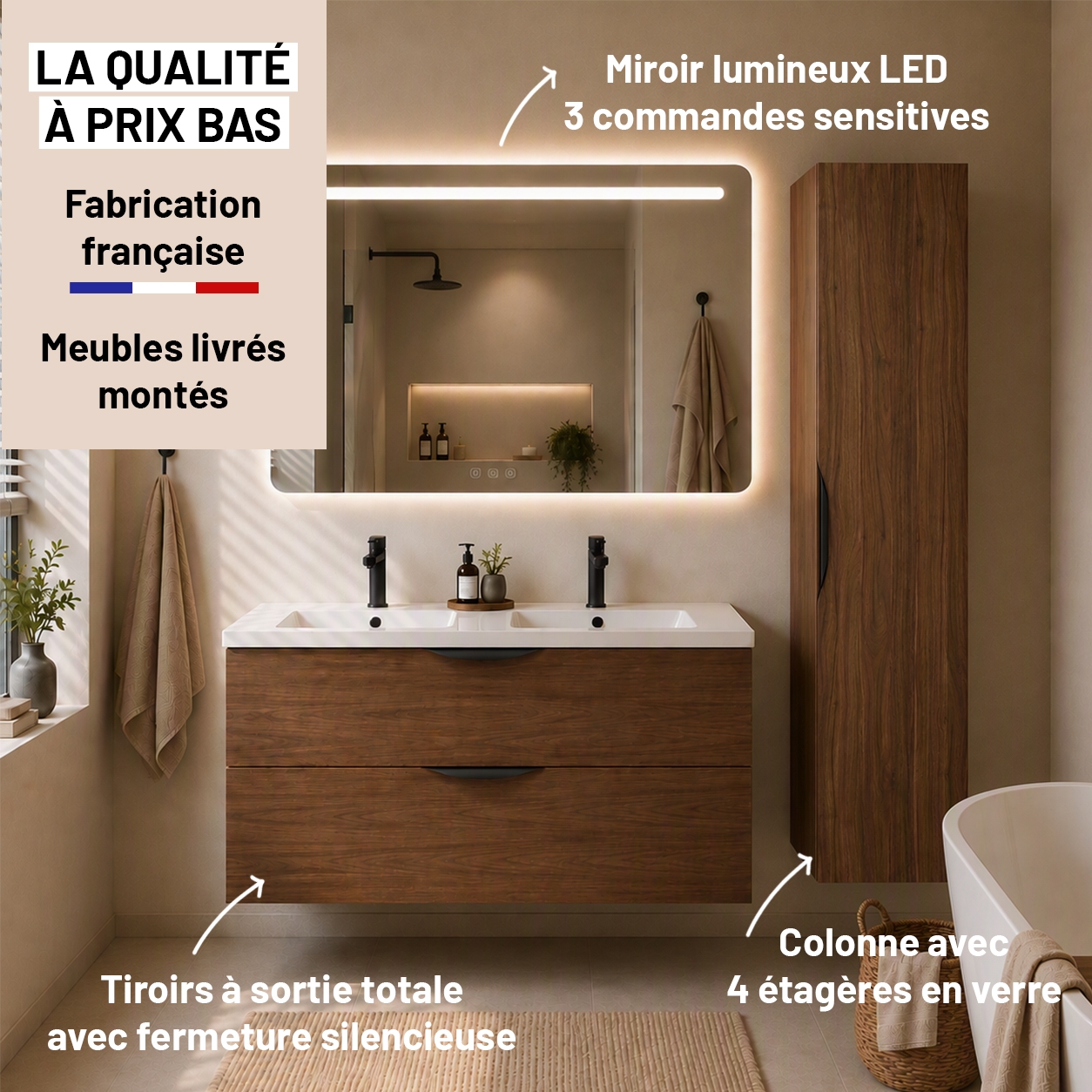 Meuble de salle de bain suspendu 120 cm 2 tiroirs avec vasque céramique - Noyer foncé - Avec miroir
