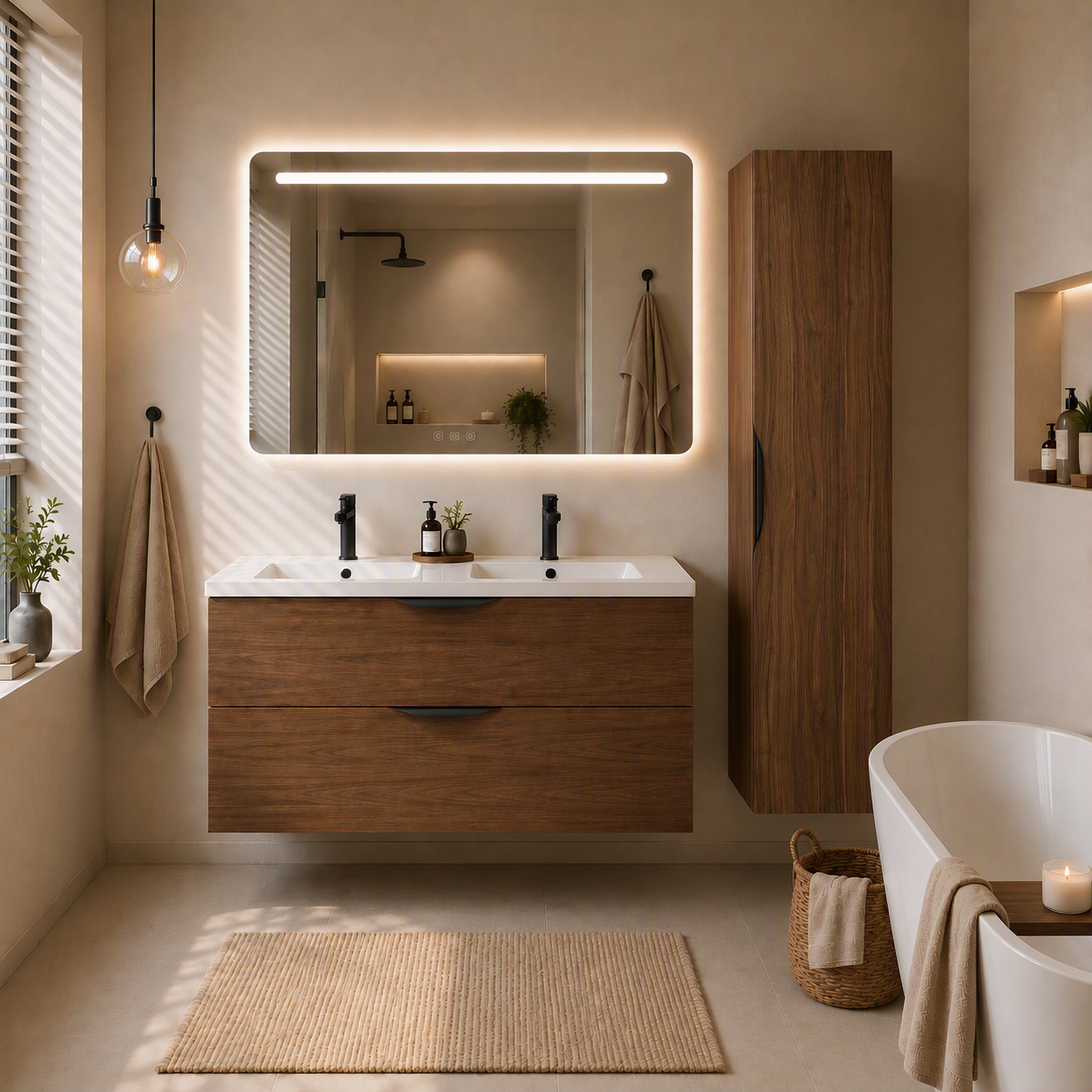 Meuble de salle de bain suspendu 120 cm 2 tiroirs avec vasque céramique - Noyer foncé - Avec miroir
