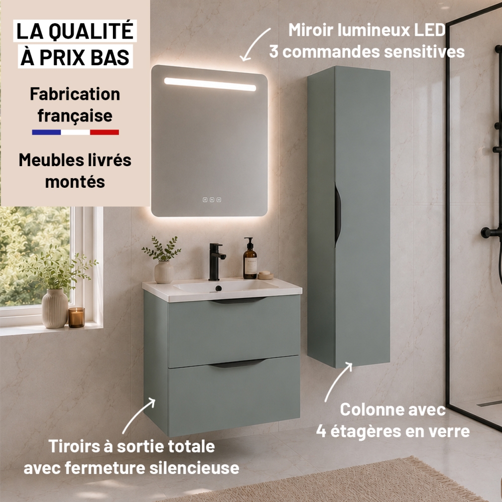 Meuble de salle de bain suspendu 60 cm 2 tiroirs avec vasque céramique - Vert Opale Mat