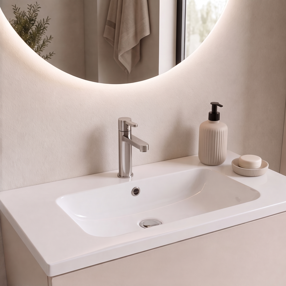 Meuble de salle de bain suspendu 60 cm 2 tiroirs avec vasque céramique - Lin Mat - Avec colonne
