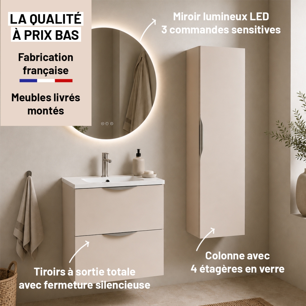 Meuble de salle de bain suspendu 60 cm 2 tiroirs avec vasque céramique - Lin Mat - Avec colonne et miroir
