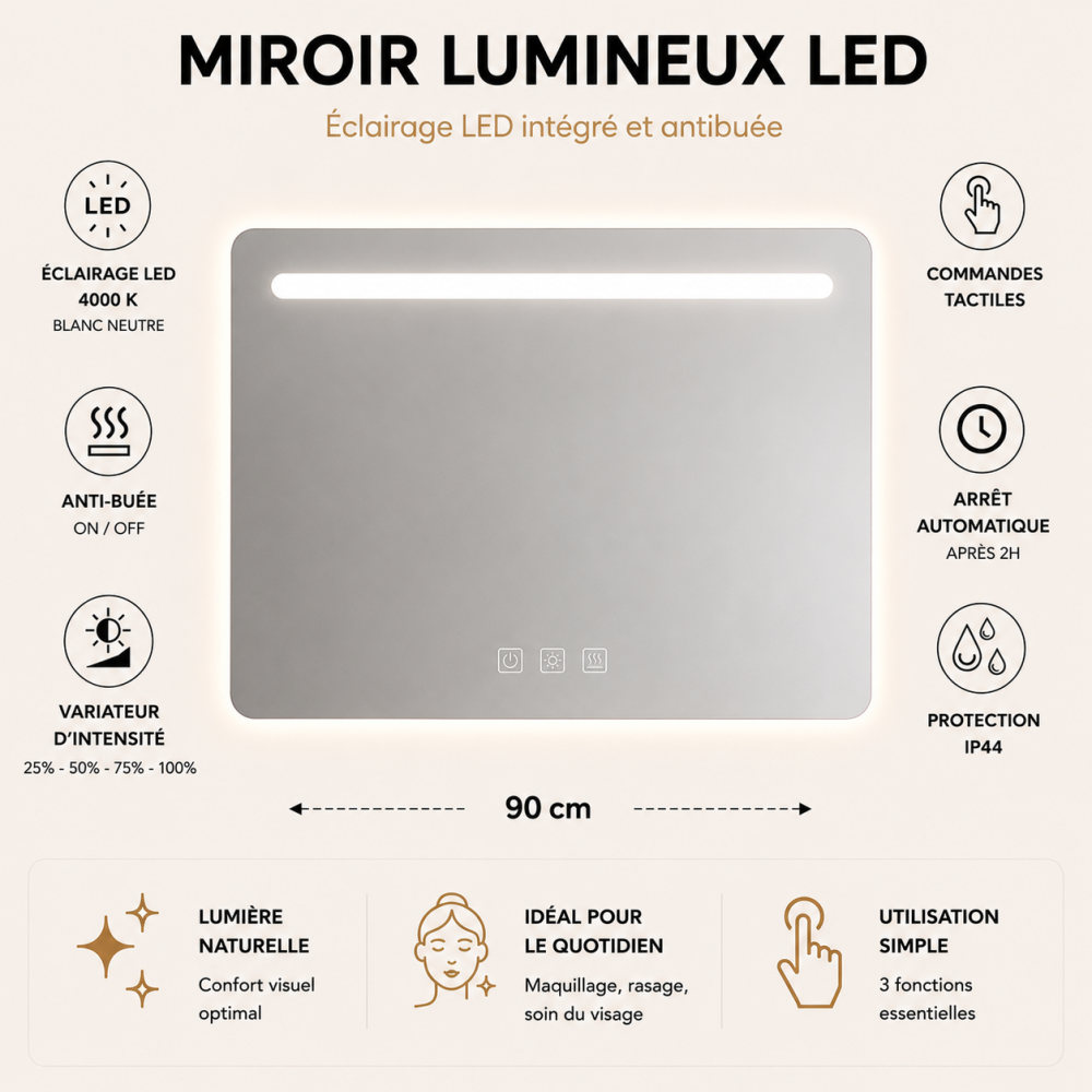 Meuble de salle de bain suspendu 90 cm 2 tiroirs avec vasque céramique - Lin Mat - Avec miroir