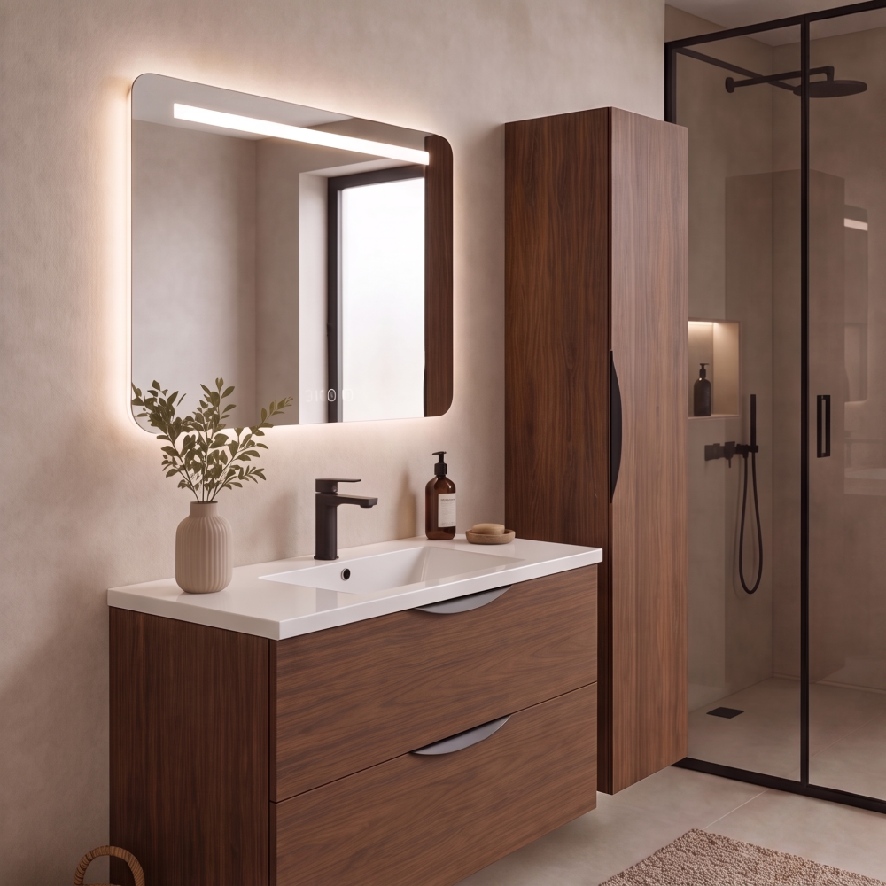 Meuble de salle de bain suspendu 90 cm 2 tiroirs avec vasque céramique - Noyer foncé