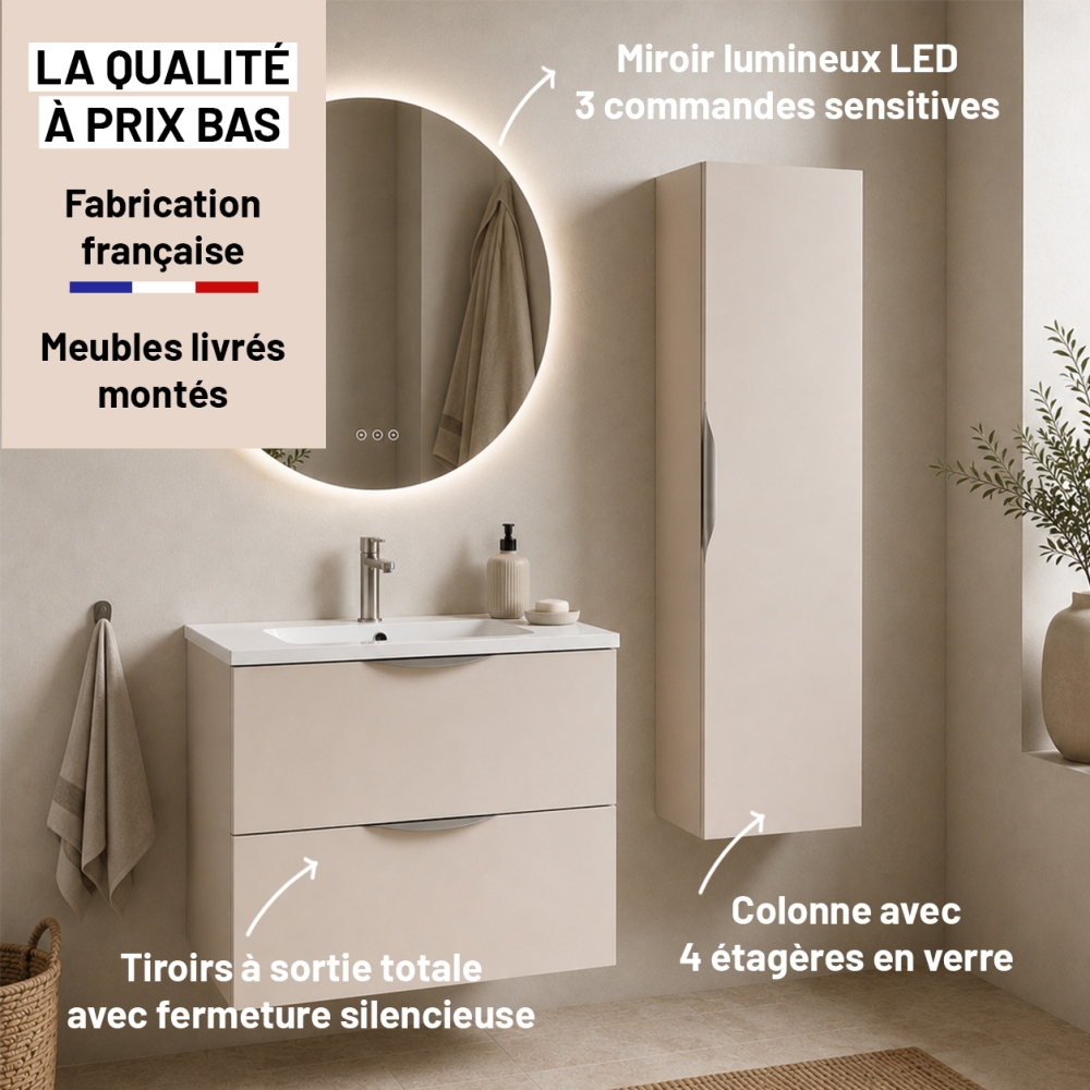 Meuble de salle de bain suspendu 80 cm 2 tiroirs avec vasque céramique - Lin Mat - Avec colonne