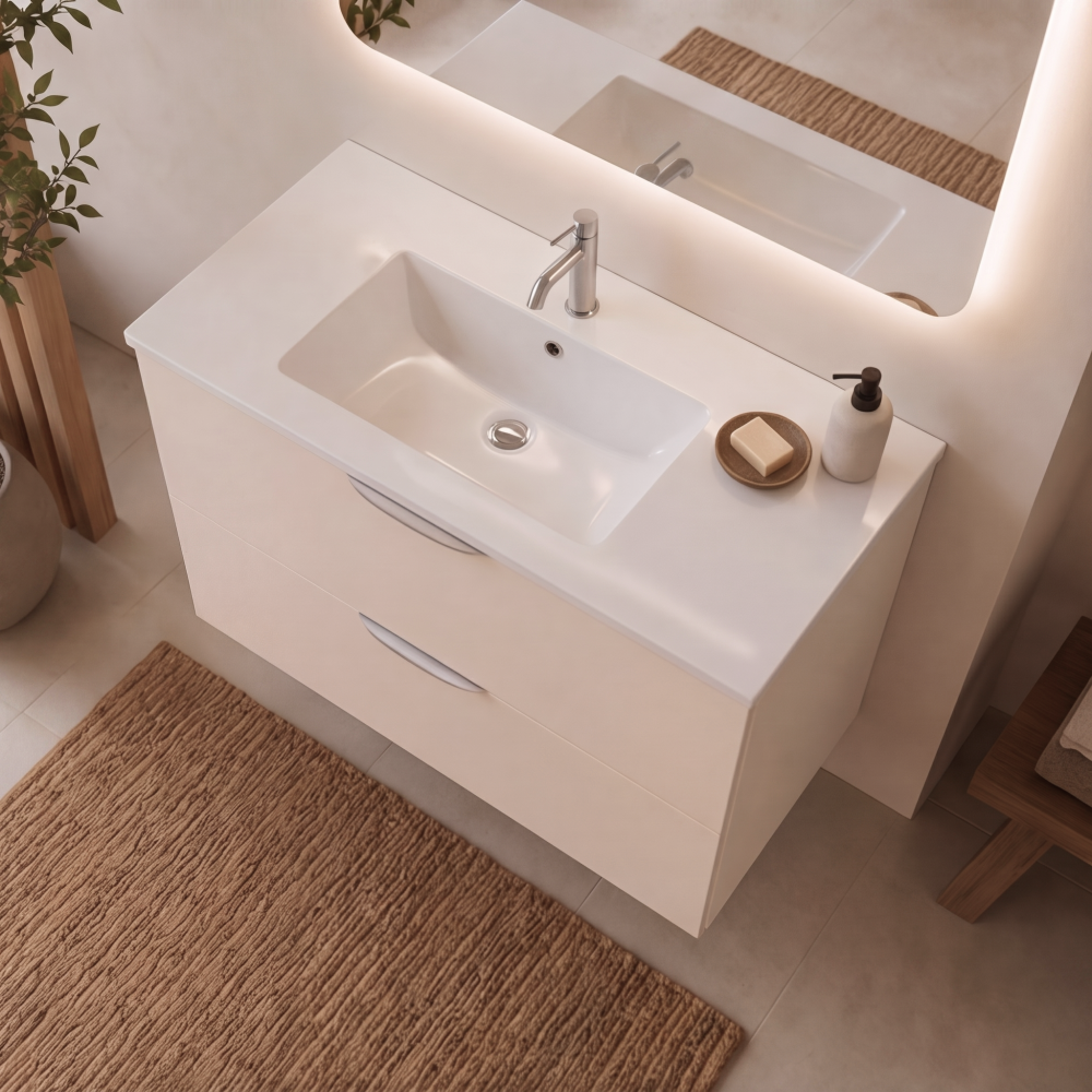 Meuble de salle de bain suspendu 100 cm 2 tiroirs avec vasque céramique - Lin Mat - Avec colonne