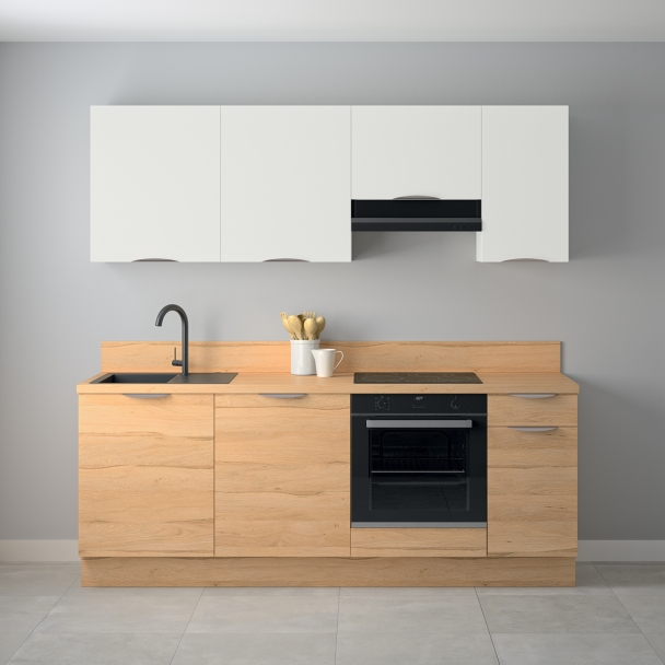 Cuisine complète Bois et Blanc mat 220 cm avec meuble hotte