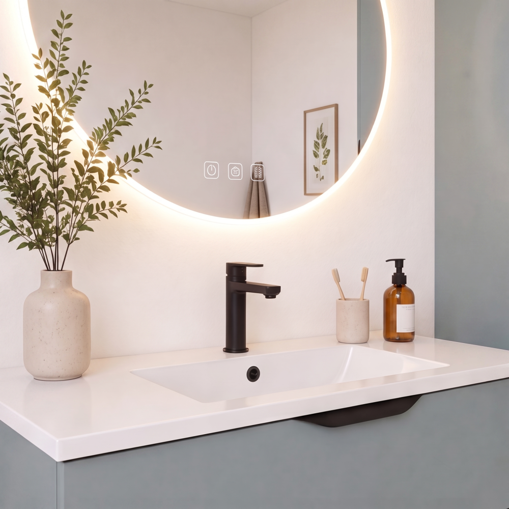 Meuble de salle de bain suspendu 90 cm 2 tiroirs avec vasque céramique - Vert Opale Mat