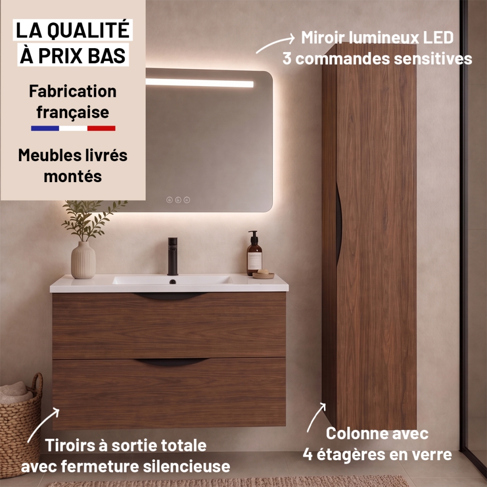 Meuble de salle de bain suspendu 90 cm 2 tiroirs avec vasque céramique - Noyer foncé - Avec colonne