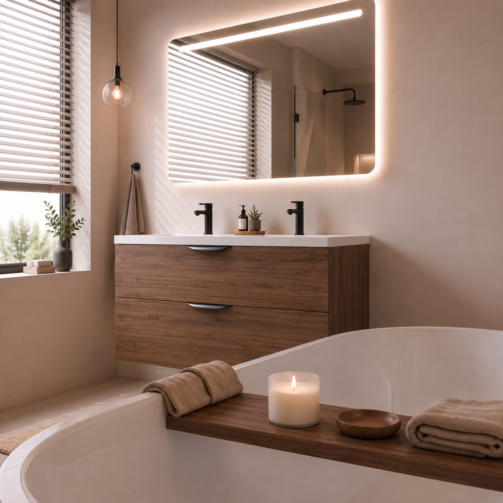 Meuble de salle de bain suspendu 120 cm 2 tiroirs avec vasque céramique - Noyer foncé