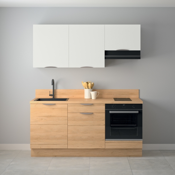 Cuisine complète Bois et Blanc mat 180 cm avec meuble four