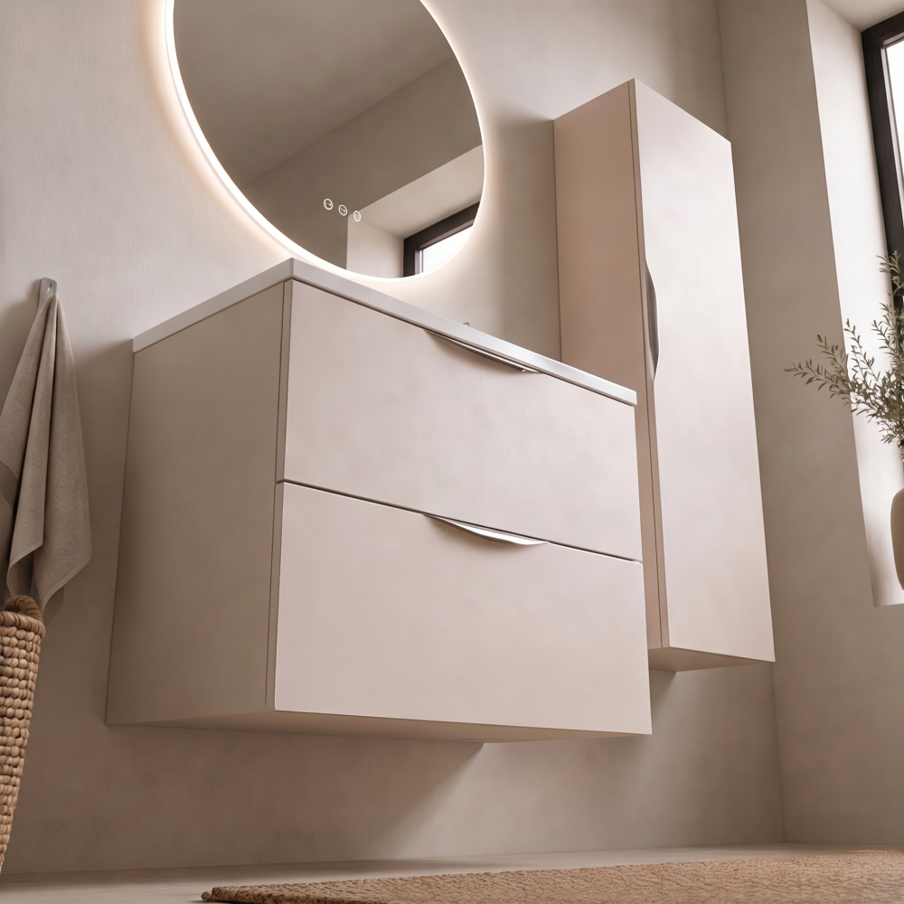 Meuble de salle de bain suspendu 80 cm 2 tiroirs avec vasque céramique - Lin Mat