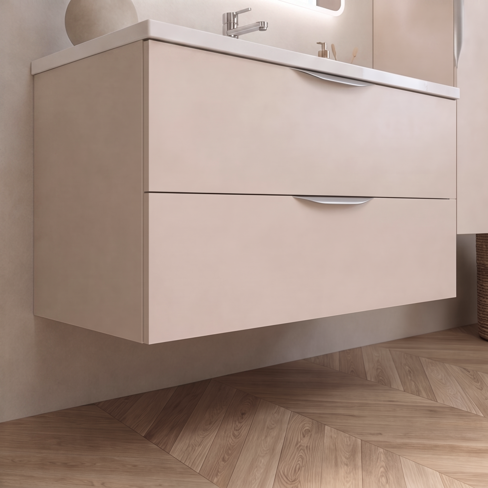 Meuble de salle de bain suspendu 90 cm 2 tiroirs avec vasque céramique - Lin Mat - Avec miroir