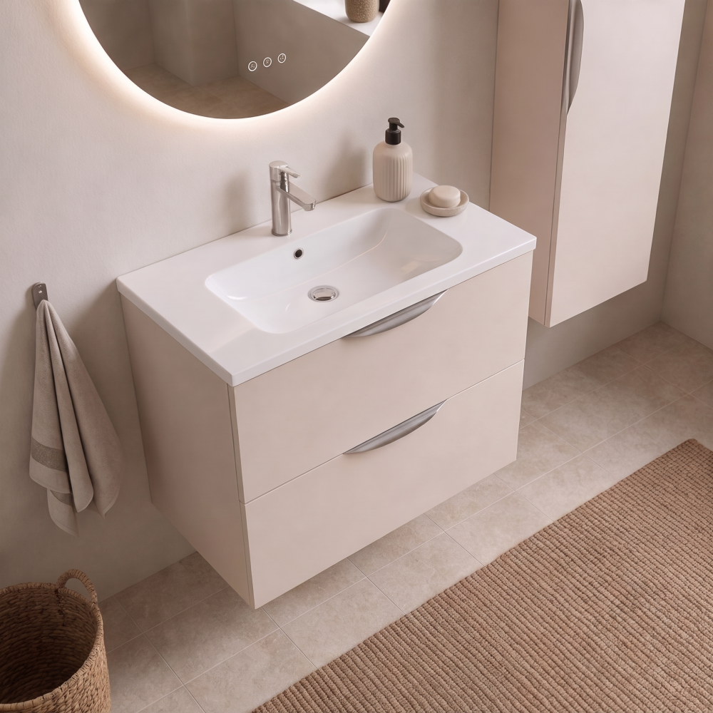 Meuble de salle de bain suspendu 80 cm 2 tiroirs avec vasque céramique - Lin Mat - Avec miroir