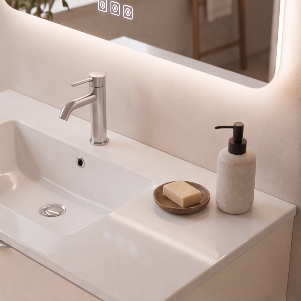 Meuble de salle de bain suspendu 100 cm 2 tiroirs avec vasque céramique - Lin Mat