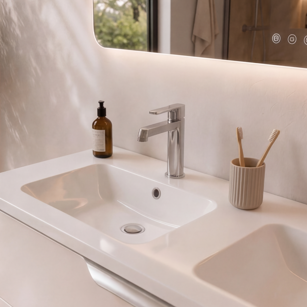 Meuble de salle de bain suspendu 120 cm 2 tiroirs avec vasque céramique - Lin Mat - Avec colonne et miroir