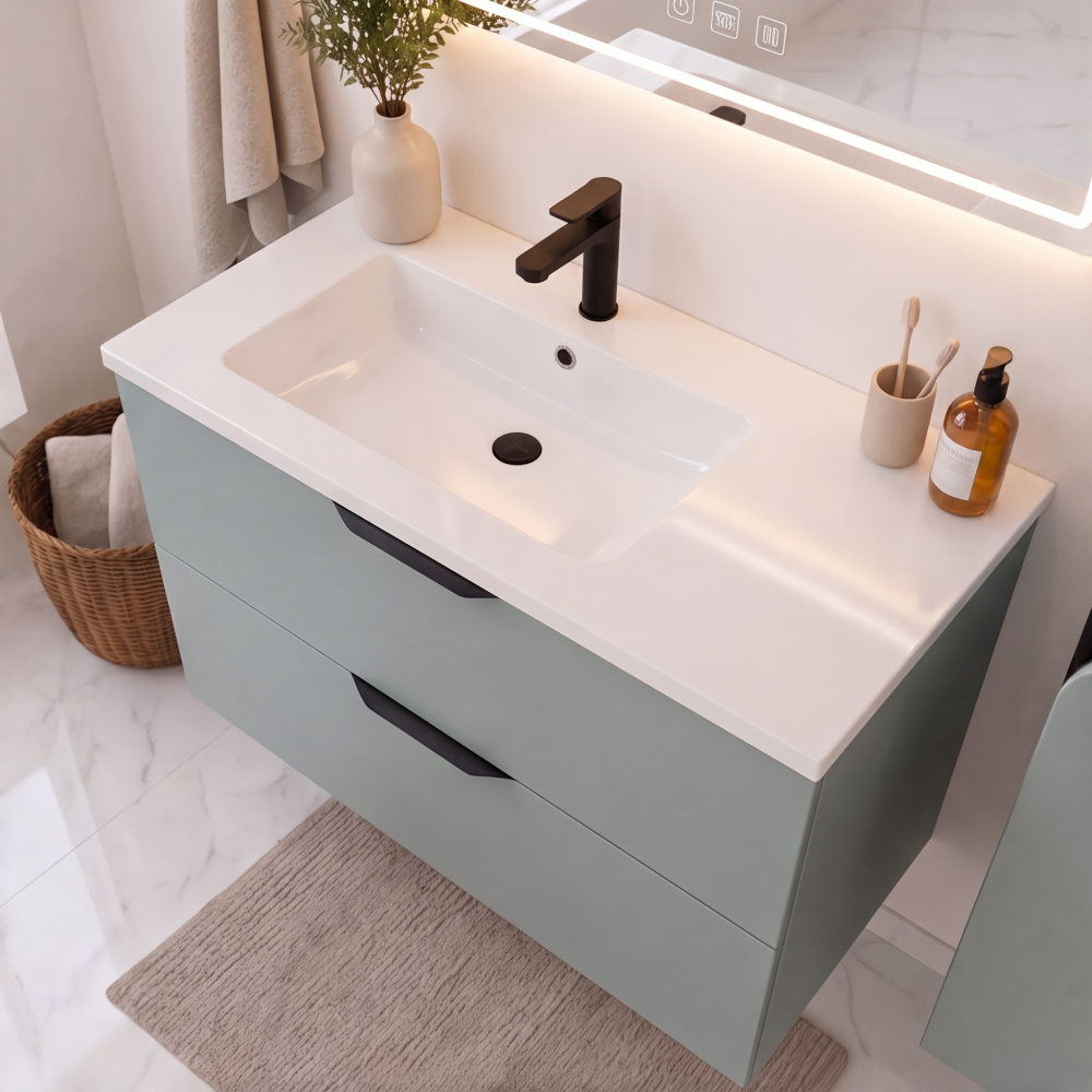 Meuble de salle de bain suspendu 100 cm 2 tiroirs avec vasque céramique - Vert Opale Mat