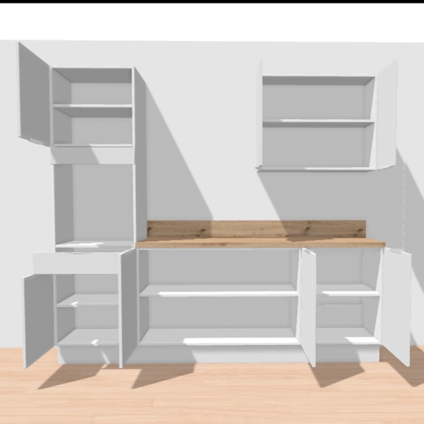 Cuisine complète Bois et Blanc mat 240 cm avec meuble colonne