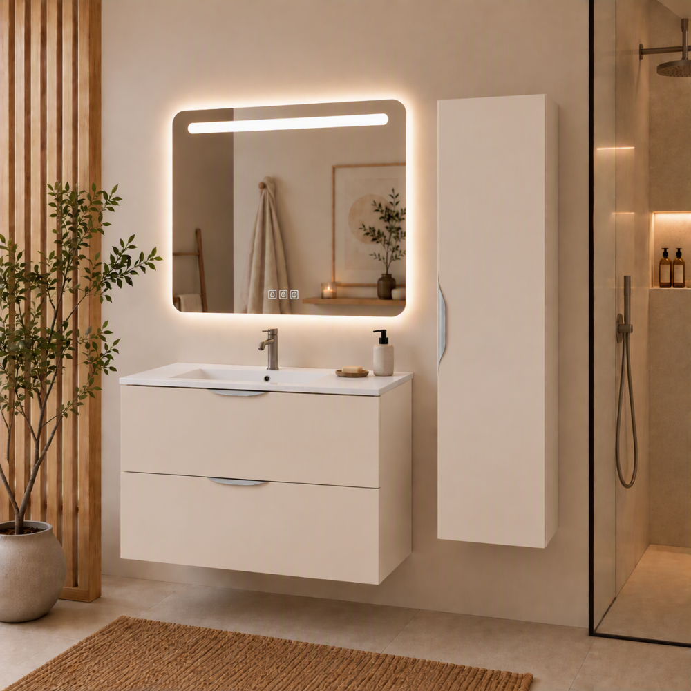 Meuble de salle de bain suspendu 100 cm 2 tiroirs avec vasque céramique - Lin Mat