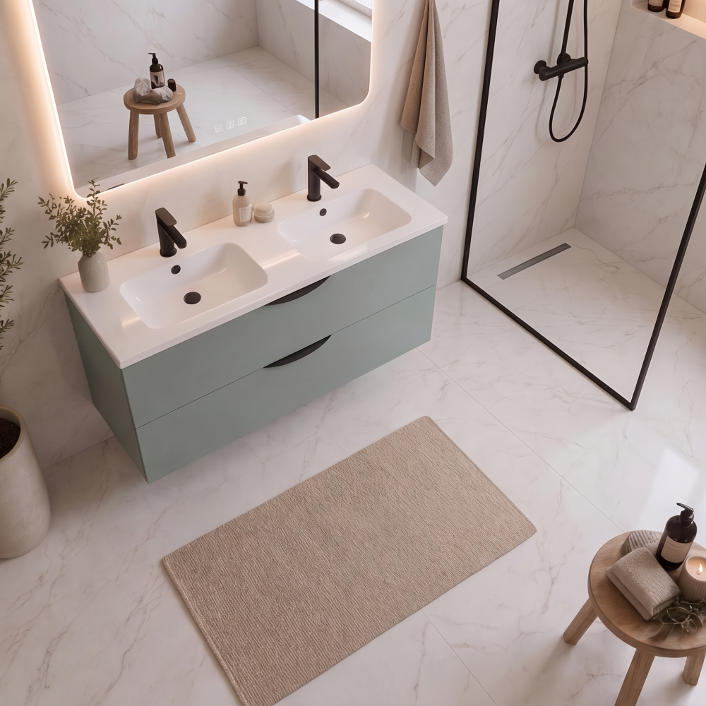 Meuble de salle de bain suspendu 120 cm 2 tiroirs avec vasque céramique - Vert Opale Mat - Avec miroir