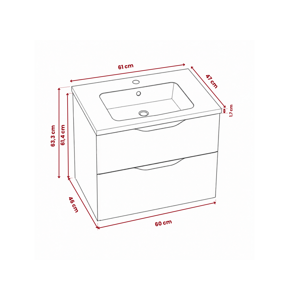 Meuble de salle de bain suspendu 60 cm 2 tiroirs avec vasque céramique - Chêne Structuré