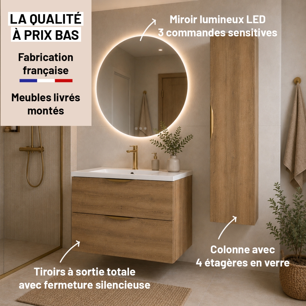 Meuble de salle de bain suspendu 80 cm 2 tiroirs avec vasque céramique - Chêne Structuré - Avec colonne et miroir