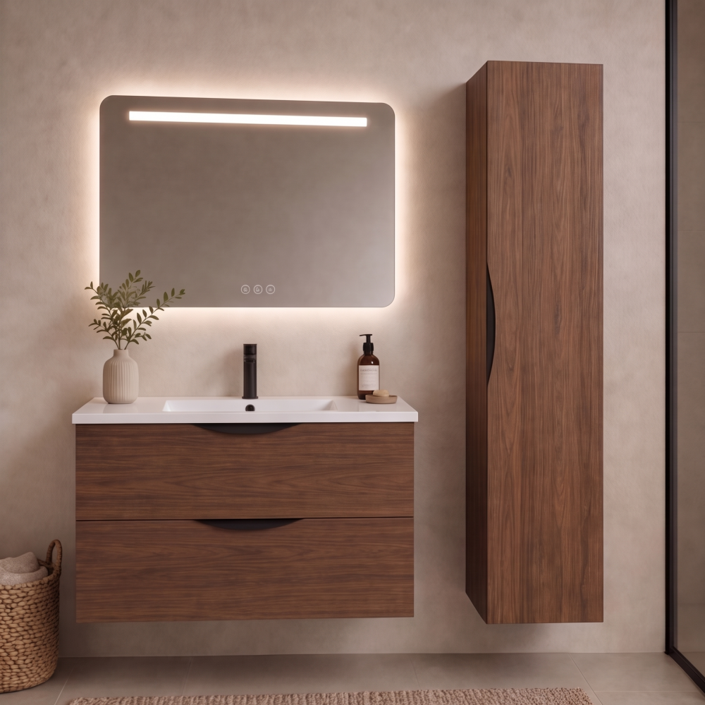 Meuble de salle de bain suspendu 90 cm 2 tiroirs avec vasque céramique - Noyer foncé