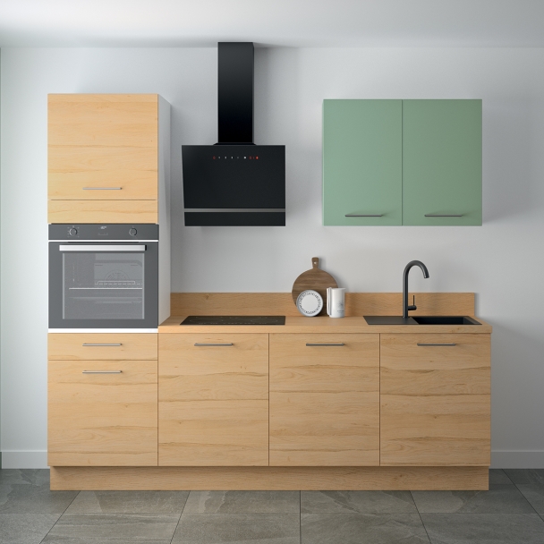 Cuisine complète Bois et Vert mat 240 cm avec meuble colonne