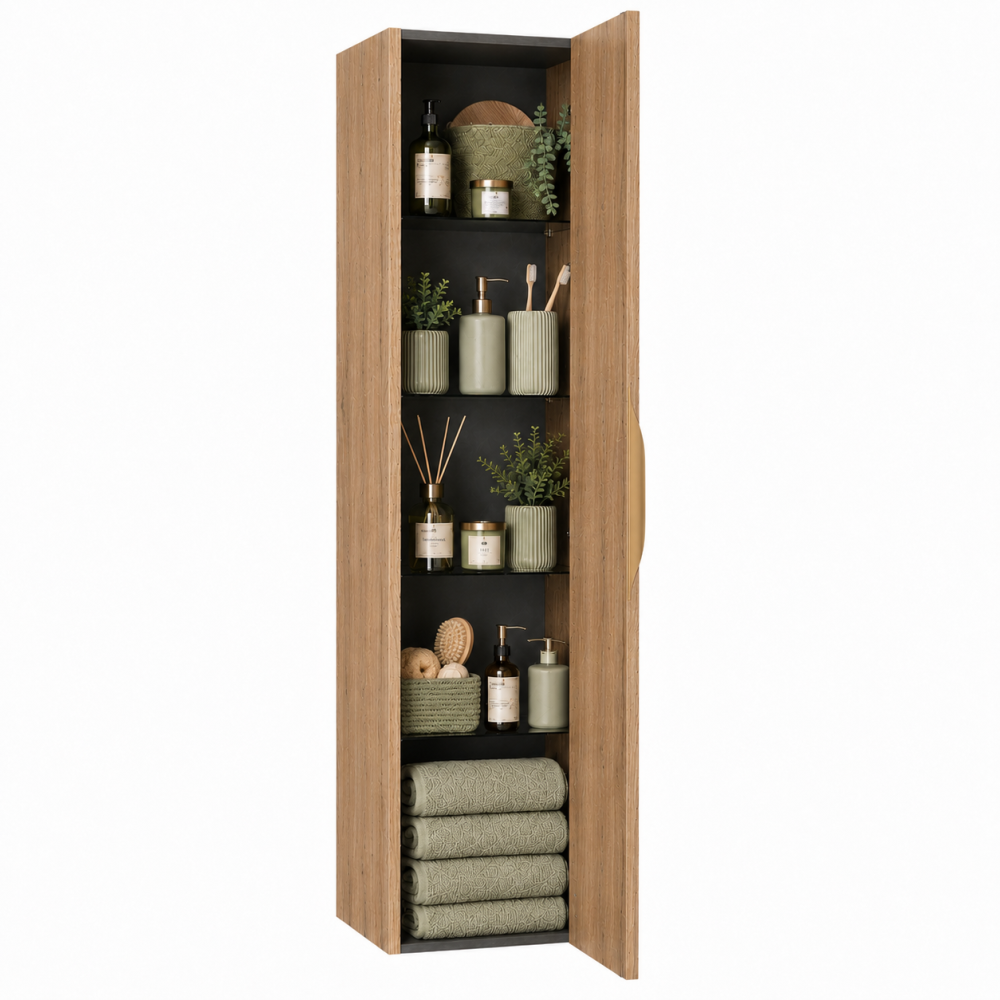 Meuble de salle de bain suspendu 80 cm 2 tiroirs avec vasque céramique - Chêne Structuré - Avec colonne