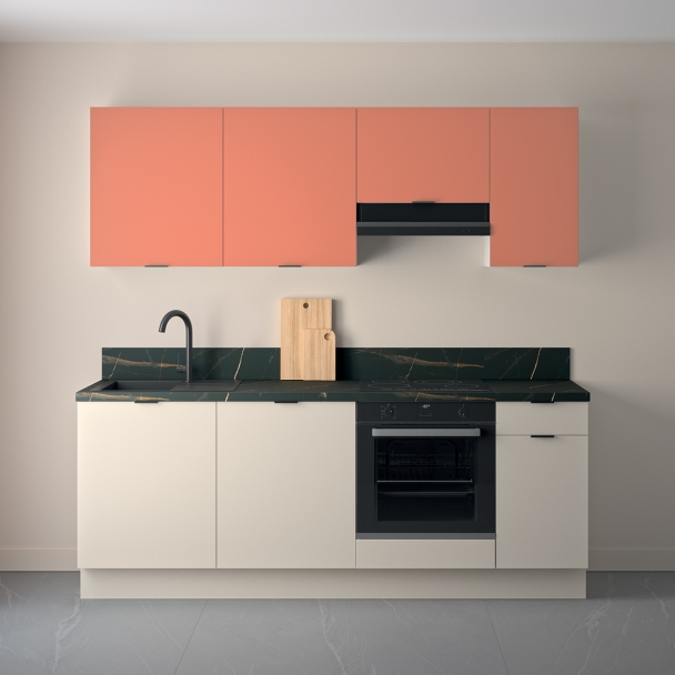 Cuisine complète Lin et Terracotta mat 220 cm avec meuble
  hotte