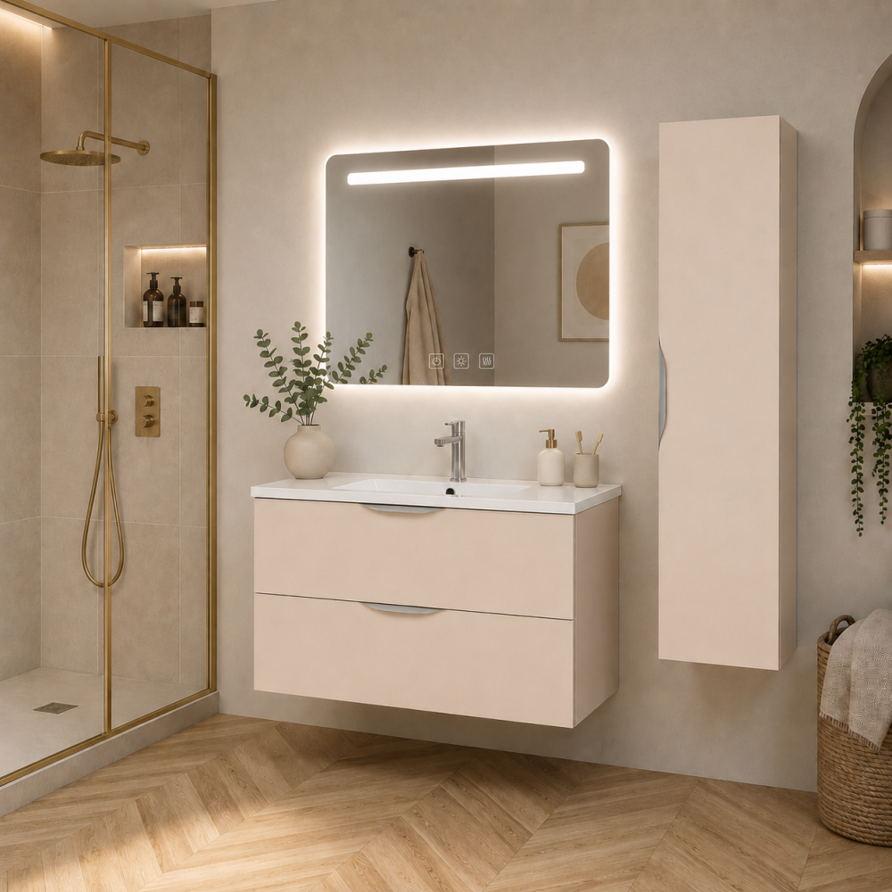 Meuble de salle de bain suspendu 90 cm 2 tiroirs avec vasque céramique - Lin Mat