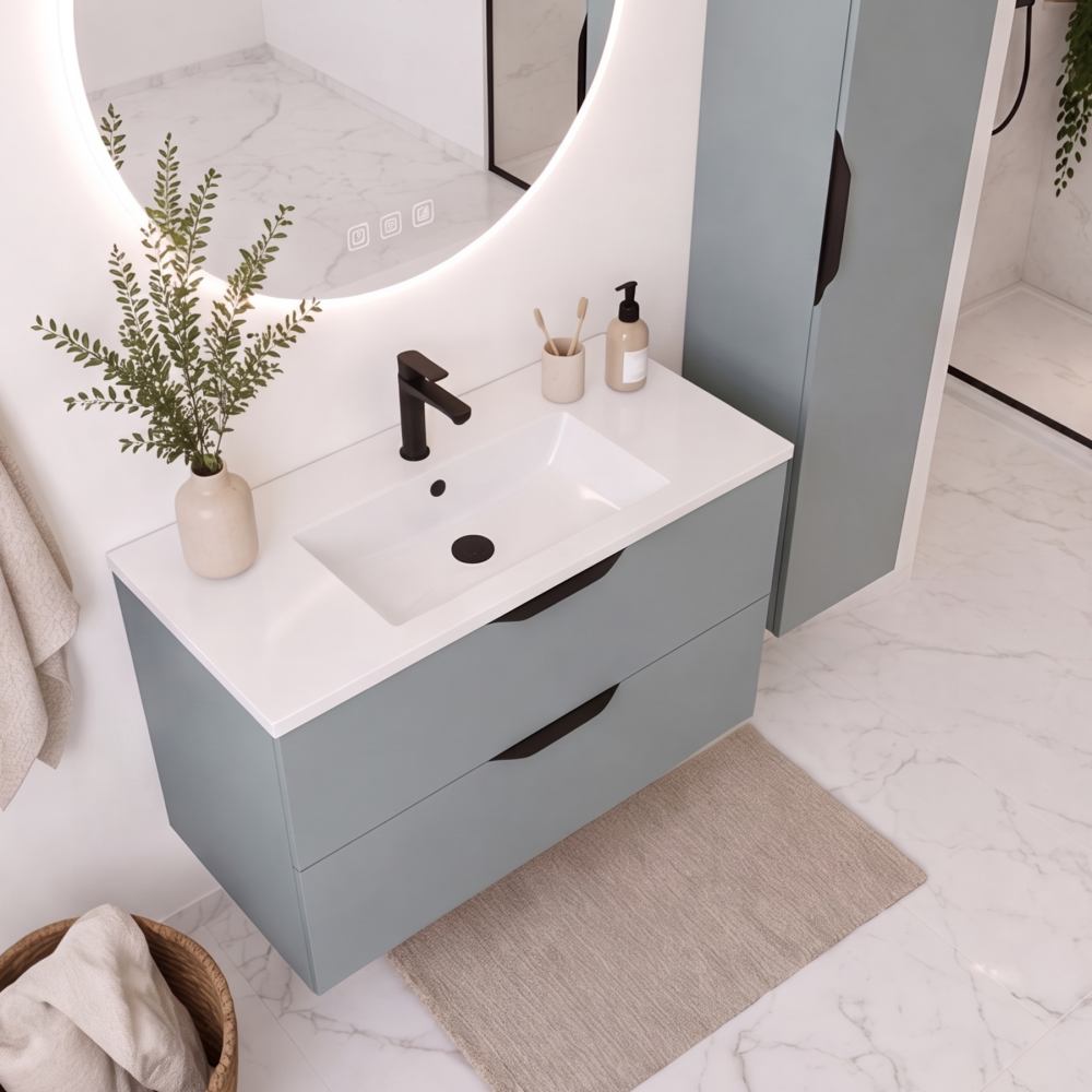 Meuble de salle de bain suspendu 90 cm 2 tiroirs avec vasque céramique - Vert Opale Mat - Avec miroir