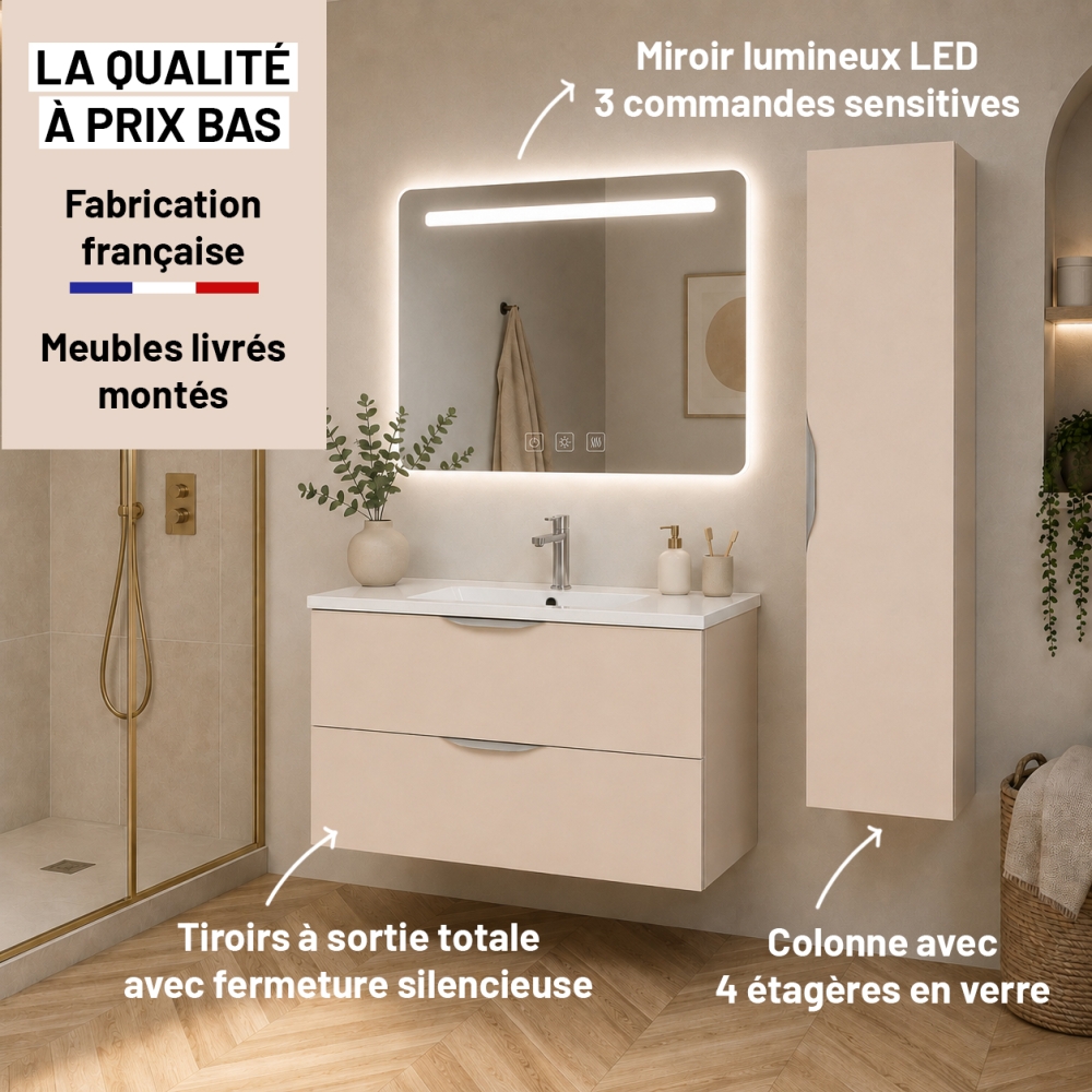 Meuble de salle de bain suspendu 90 cm 2 tiroirs avec vasque céramique - Lin Mat - Avec miroir