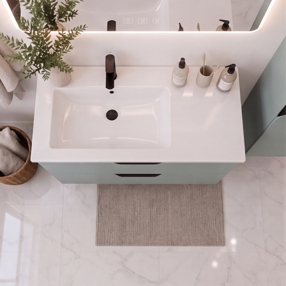 Meuble de salle de bain suspendu 100 cm 2 tiroirs avec vasque céramique - Vert Opale Mat