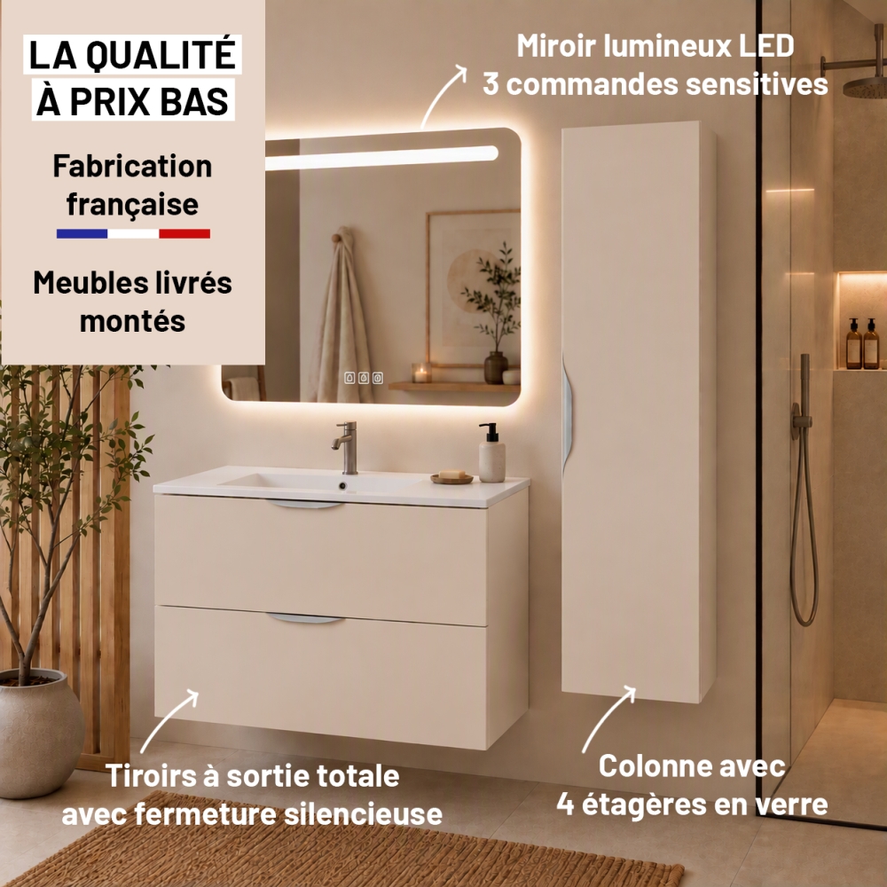 Meuble de salle de bain suspendu 100 cm 2 tiroirs avec vasque céramique - Lin Mat - Avec colonne