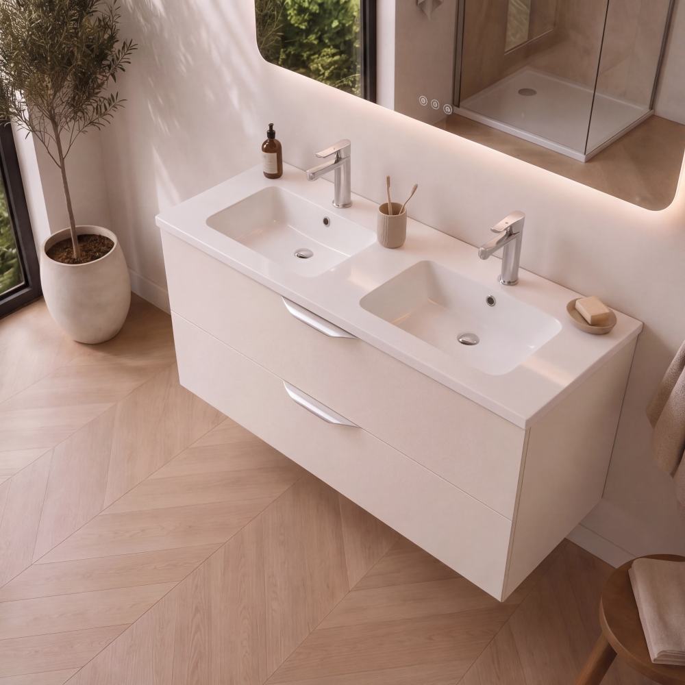 Meuble de salle de bain suspendu 120 cm 2 tiroirs avec vasque céramique - Lin Mat