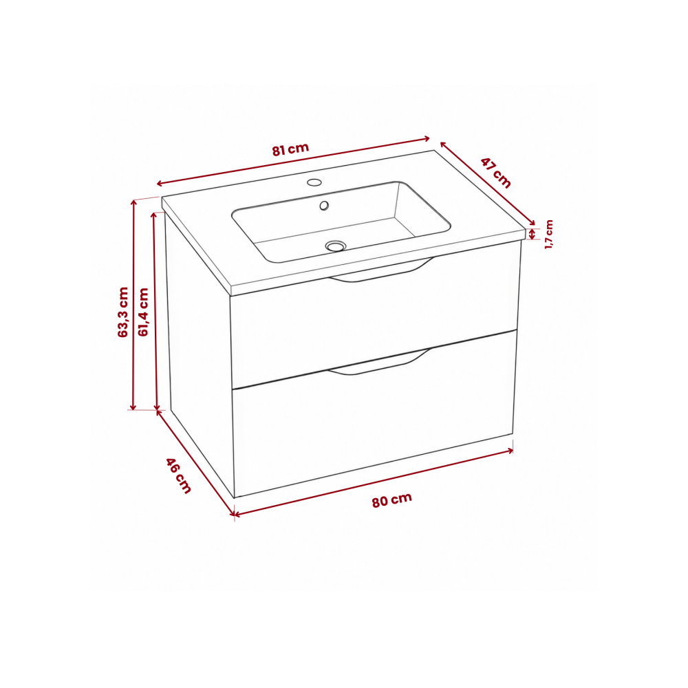 Meuble de salle de bain suspendu 80 cm 2 tiroirs avec vasque céramique - Lin Mat